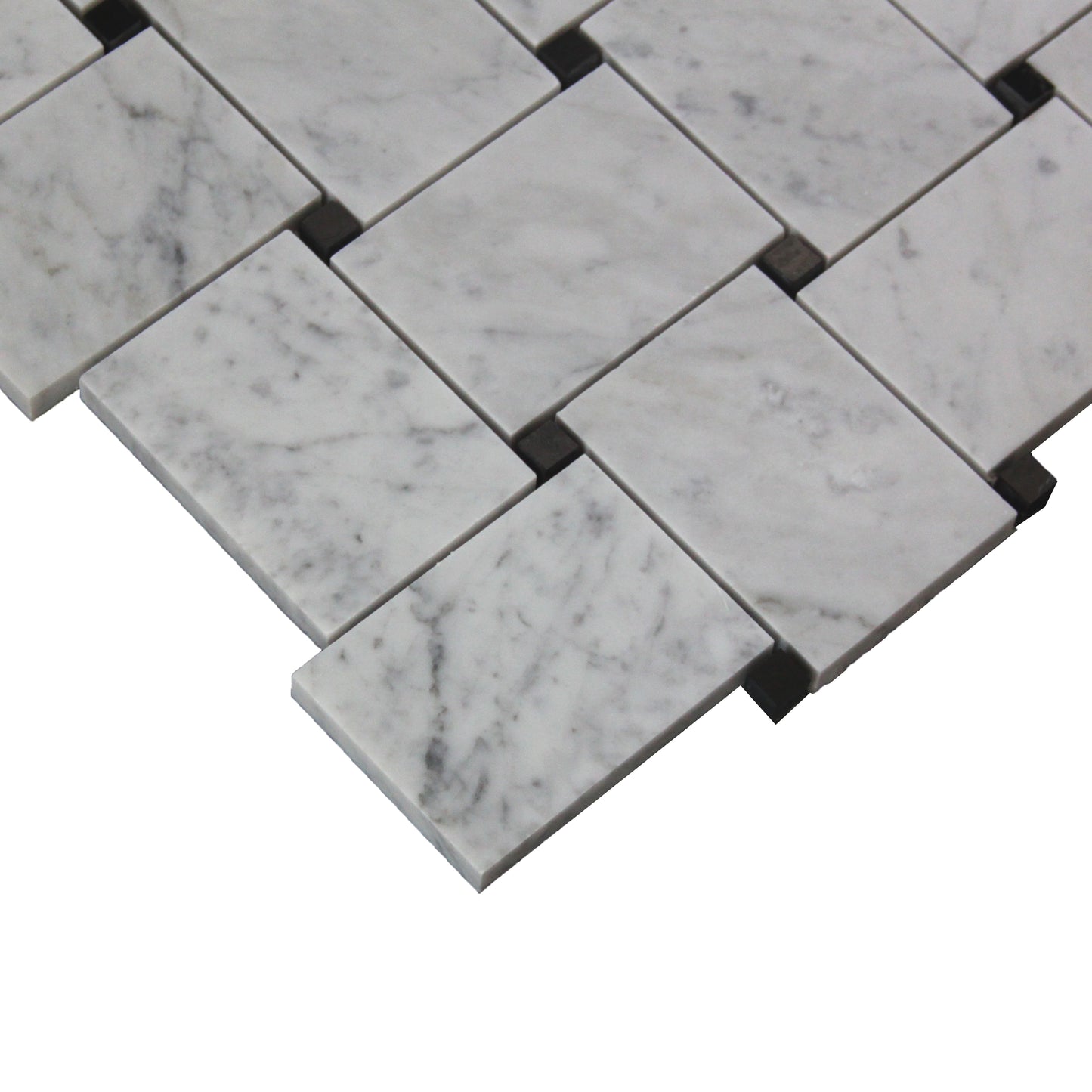 Carrara White Italian Marble Large Basketweave Mosaic Tile with Nero Marquina Black Dots Honed