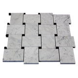 Carrara White Italian Marble Large Basketweave Mosaic Tile with Nero Marquina Black Dots Honed