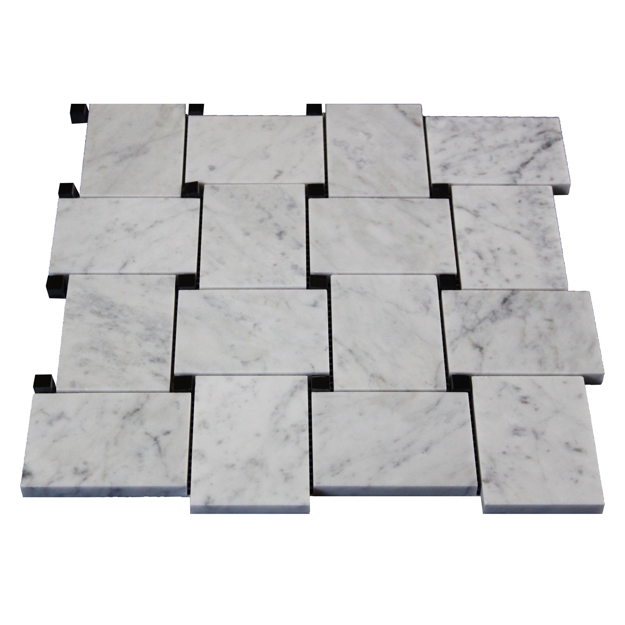 Carrara White Italian Marble Large Basketweave Mosaic Tile with Nero Marquina Black Dots Honed