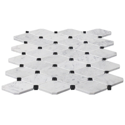 Carrara White Italian Marble Long Octagon Rhomboid Mosaic Tile with Nero Marquina Black Dots Honed