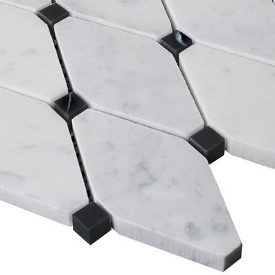 Carrara White Italian Marble Long Octagon Rhomboid Mosaic Tile with Nero Marquina Black Polished