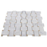 Carrara  White Italian Marble Basketweave Mosaic Tile with Crema Marfil Dots Honed