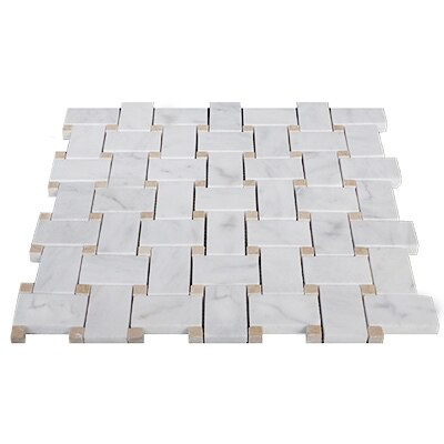 Carrara  White Italian Marble Basketweave Mosaic Tile with Crema Marfil Dots Honed