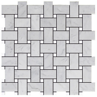 Carrara White Italian Marble Basketweave Mosaic Tile with White Thassos Dots Polished