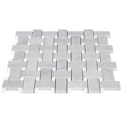 Carrara White Italian Marble Basketweave Mosaic Tile with Bianco Dolomite Dots Polished