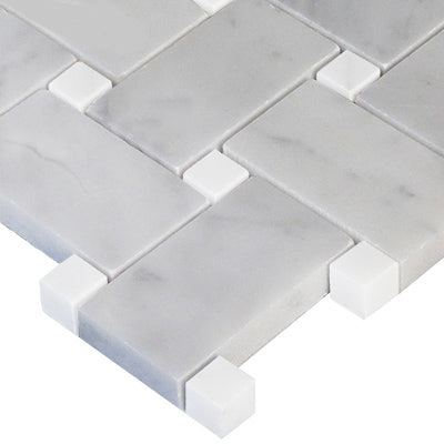 Carrara White Italian Marble Basketweave Mosaic Tile with White Thassos Dots Polished