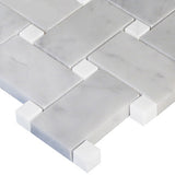 Carrara White Italian Marble Basketweave Mosaic Tile with Bianco Dolomite Dots Polished