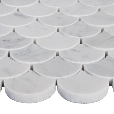 Carrara White Italian Marble Fish Scale Fan Shaped Sea Shell Mosaic Tile Polished