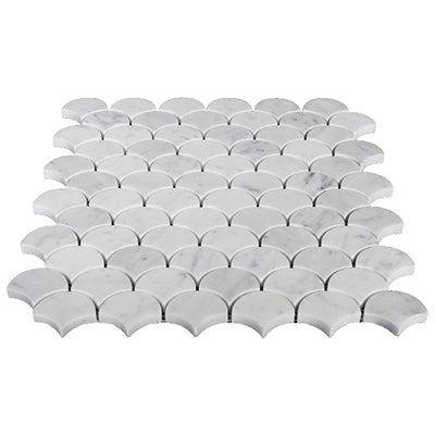 Carrara White Italian Marble Fish Scale Fan Shaped Sea Shell Mosaic Tile Honed