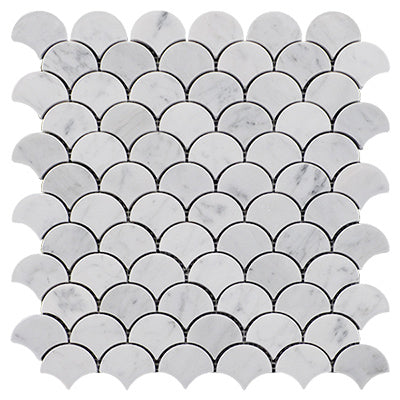 Carrara White Italian Marble Fish Scale Fan Shaped Sea Shell Mosaic Tile Polished