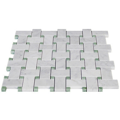 Carrara White Italian Marble Basketweave Mosaic Tile with Green Dots Honed
