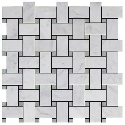Carrara White Italian Marble Basketweave Mosaic Tile with Green Dots Polished