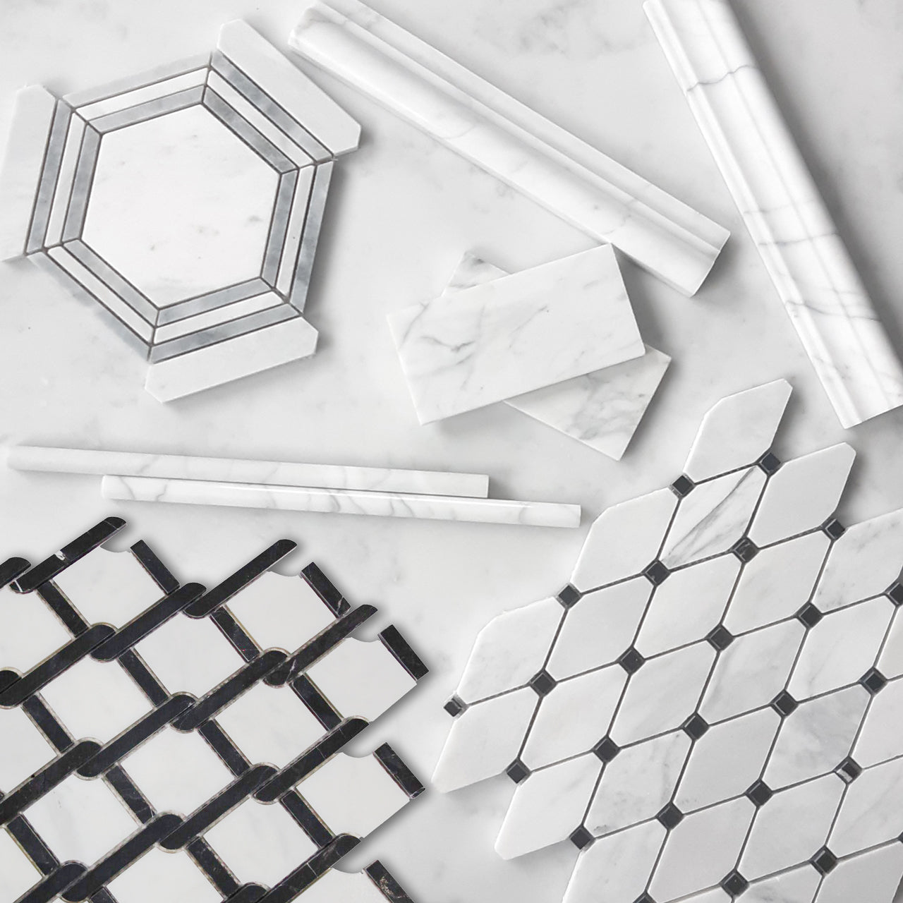 Carrara White Italian Marble Marbella Lynx Rope Design with Nero Marquina Black Strips Mosaic Tile Honed