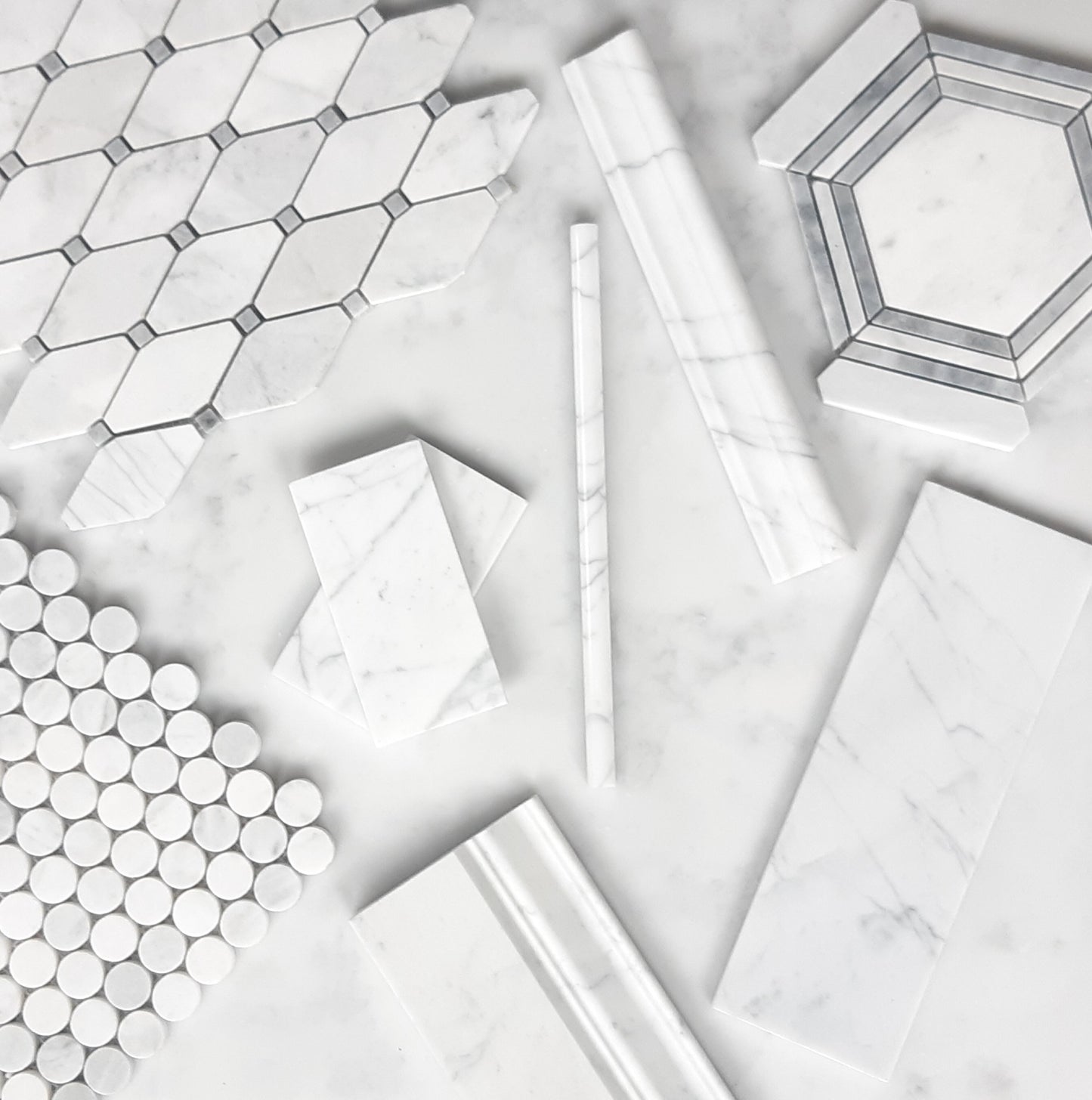 Carrara White Italian Marble Long Octagon Rhomboid Mosaic Tile with Bardiglio Gray Polished