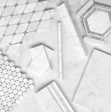 Carrara White Italian Marble Long Octagon Rhomboid Mosaic Tile with Bardiglio Gray Polished
