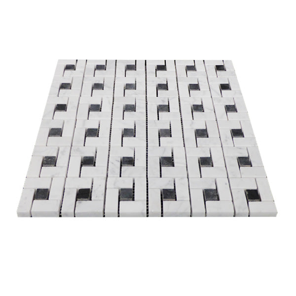 Carrara White ItalianMarble Target Pinwheel Mosaic Tile with Nero Marquina Black Dots Honed