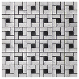 Carrara White ItalianMarble Target Pinwheel Mosaic Tile with Nero Marquina Black Dots Honed