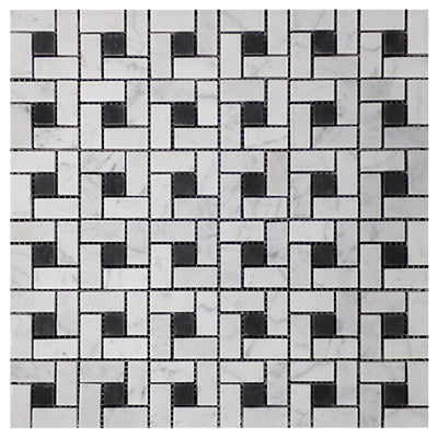 Carrara White Italian Marble Target Pinwheel Mosaic Tile with Nero Marquina Black Dots Polished