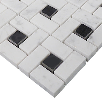 Carrara White Italian Marble Target Pinwheel Mosaic Tile with Nero Marquina Black Dots Polished