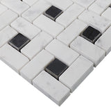 Carrara White Italian Marble Target Pinwheel Mosaic Tile with Nero Marquina Black Dots Polished