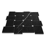 Nero Marquina Black Marble Large Basketweave with Bianco Dolomite Dots Mosaic Tile Polished