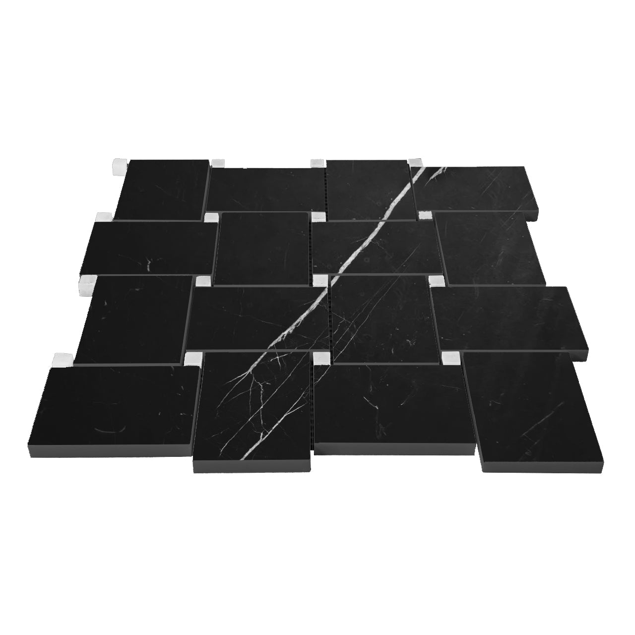 Nero Marquina Black Marble Large Basketweave with Bianco Dolomite Dots Mosaic Tile Polished