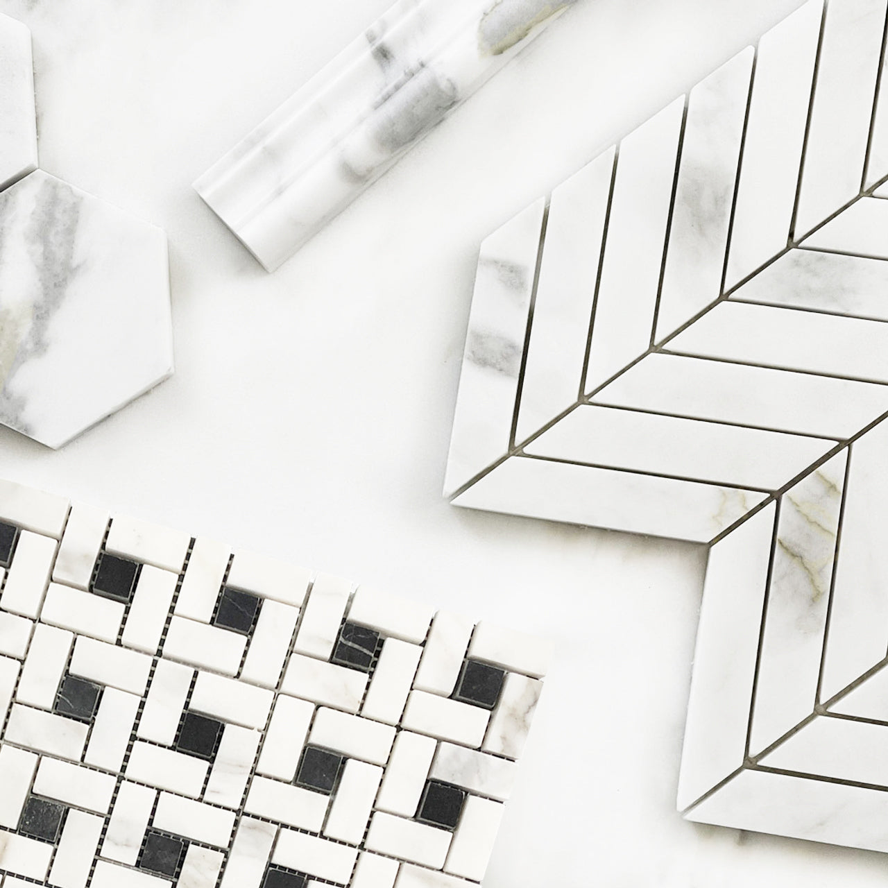 Calacatta Gold Italian Marble Target Pinwheel Mosaic Tile with Black Dots Honed