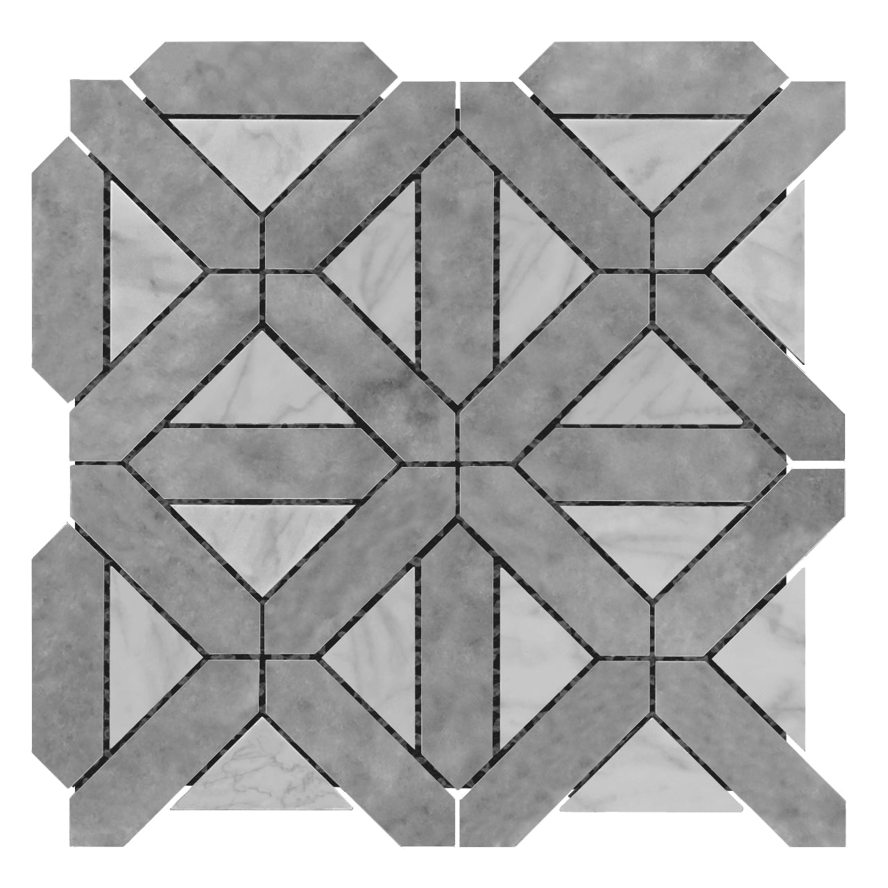 Bardiglio Gray Marble with Carrara White Triangles Geometrica Mosaic Tile Polished