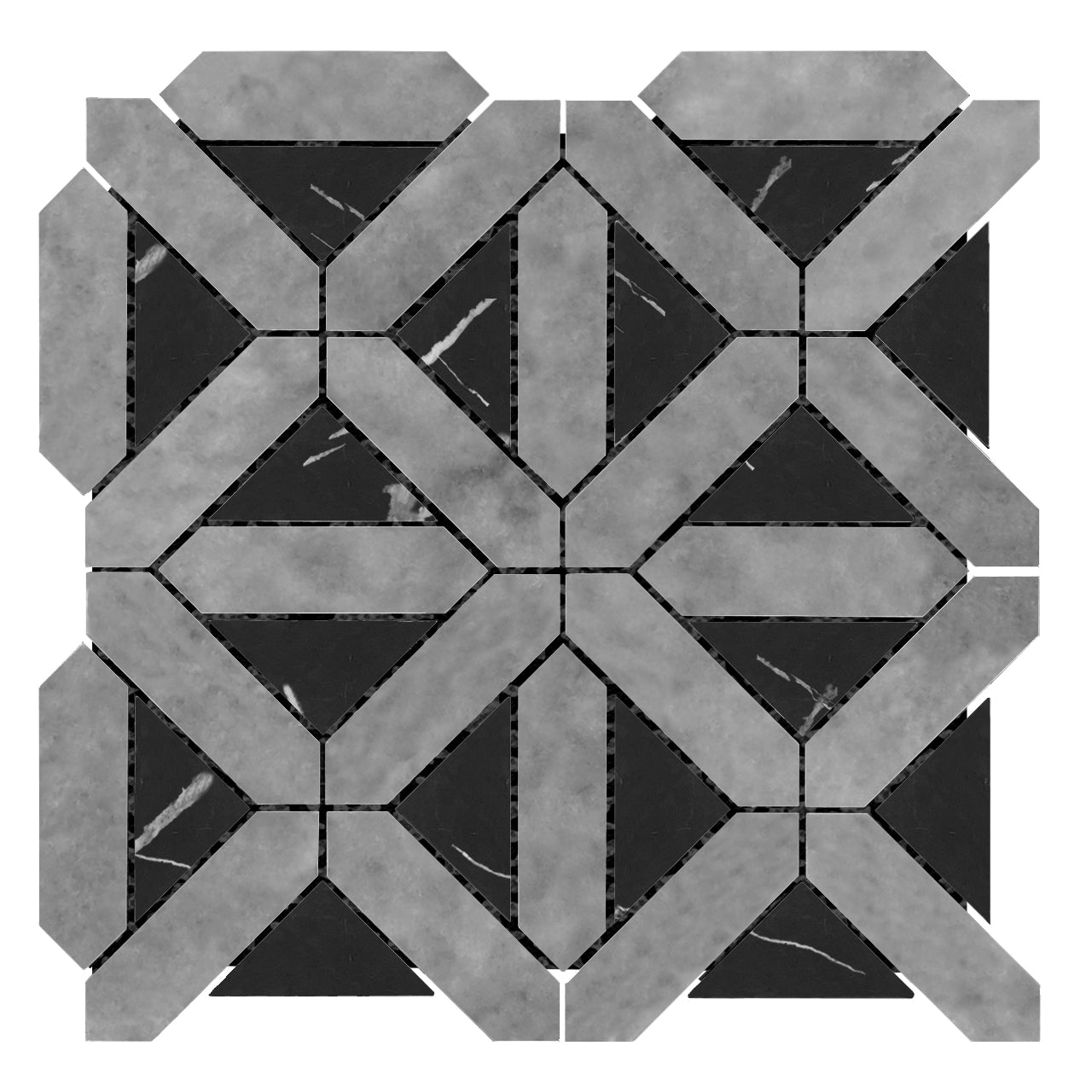 Bardiglio Gray Marble with Nero Marquina Black Triangles Geometrica Mosaic Tile Polished