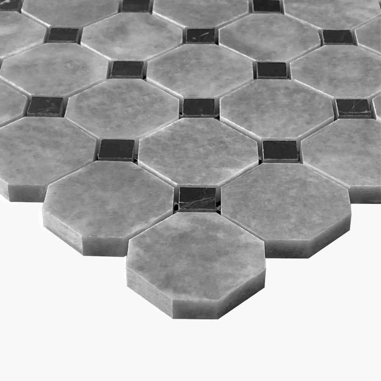 Bardiglio Gray Marble Octagon with Nero Marquina Black Dots Mosaic Tile Honed