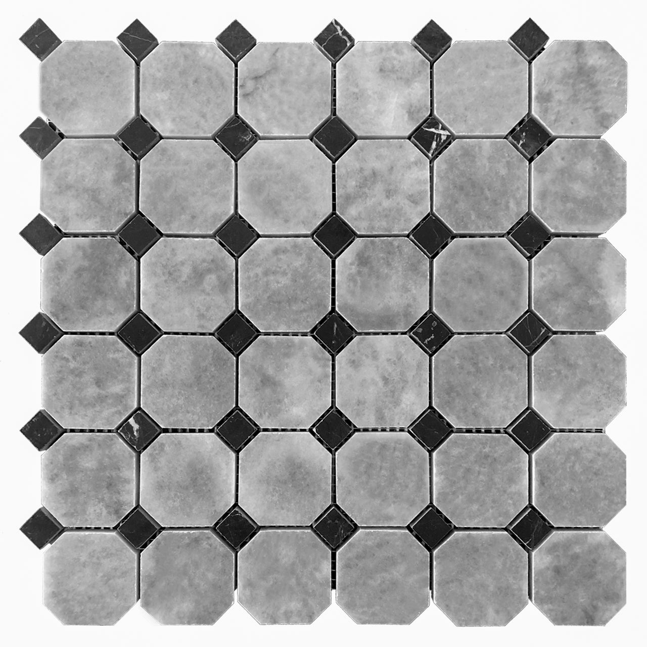 Bardiglio Gray Marble Octagon with Nero Marquina Black Dots Mosaic Tile Polished