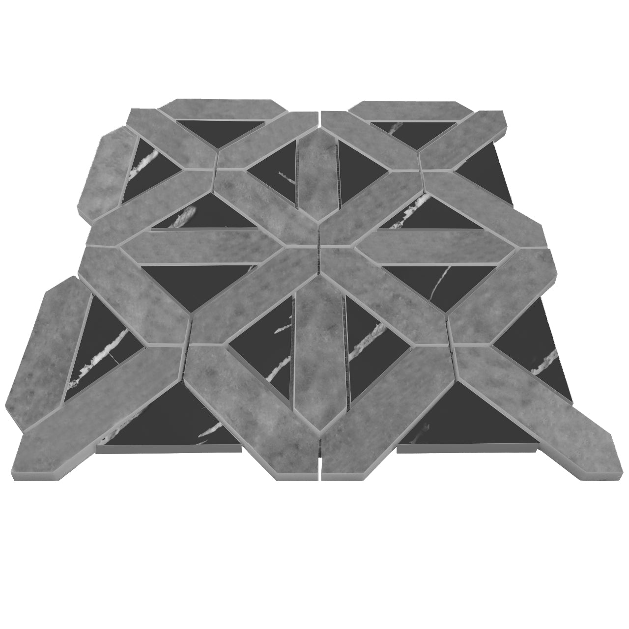Bardiglio Gray Marble with Nero Marquina Black Triangles Geometrica Mosaic Tile Polished