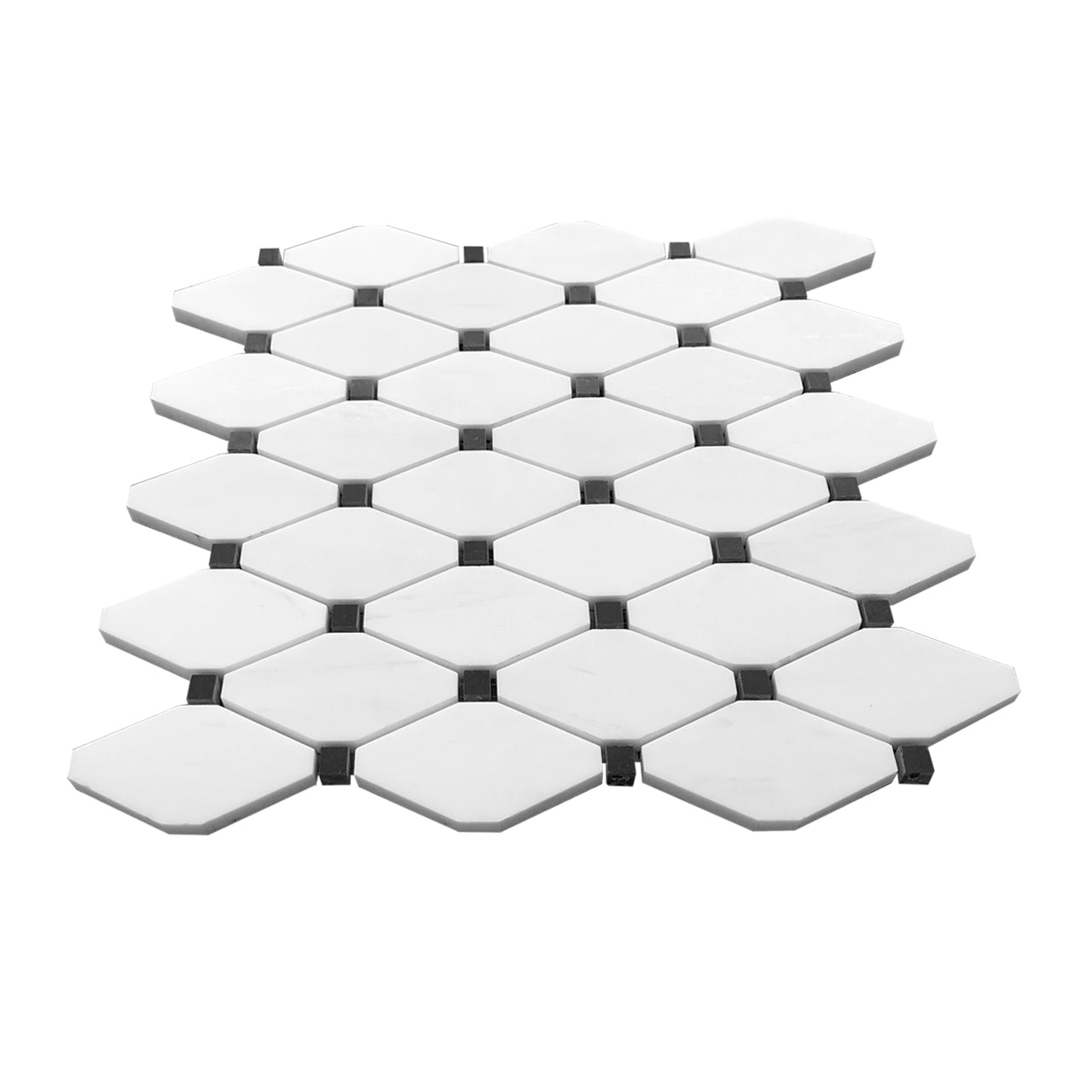 Bianco Dolomite Marble Long Octagon Rhomboid with Black Dots Mosaic Tile Honed