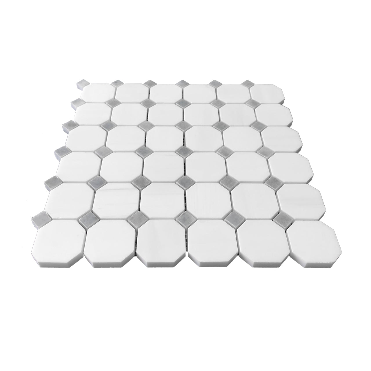 Bianco Dolomite Marble Octagon with Bardiglio Dots Mosaic Tile Honed