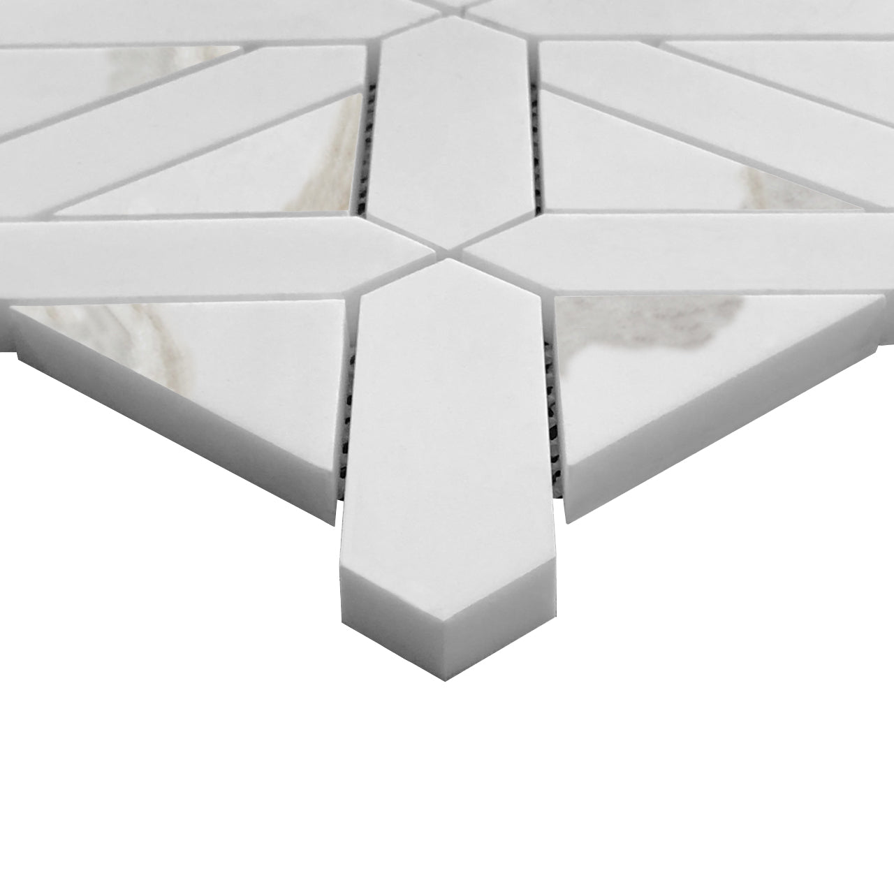 Bianco Dolomite Marble with Calacatta Gold Triangles Geometrica Mosaic Tile Honed
