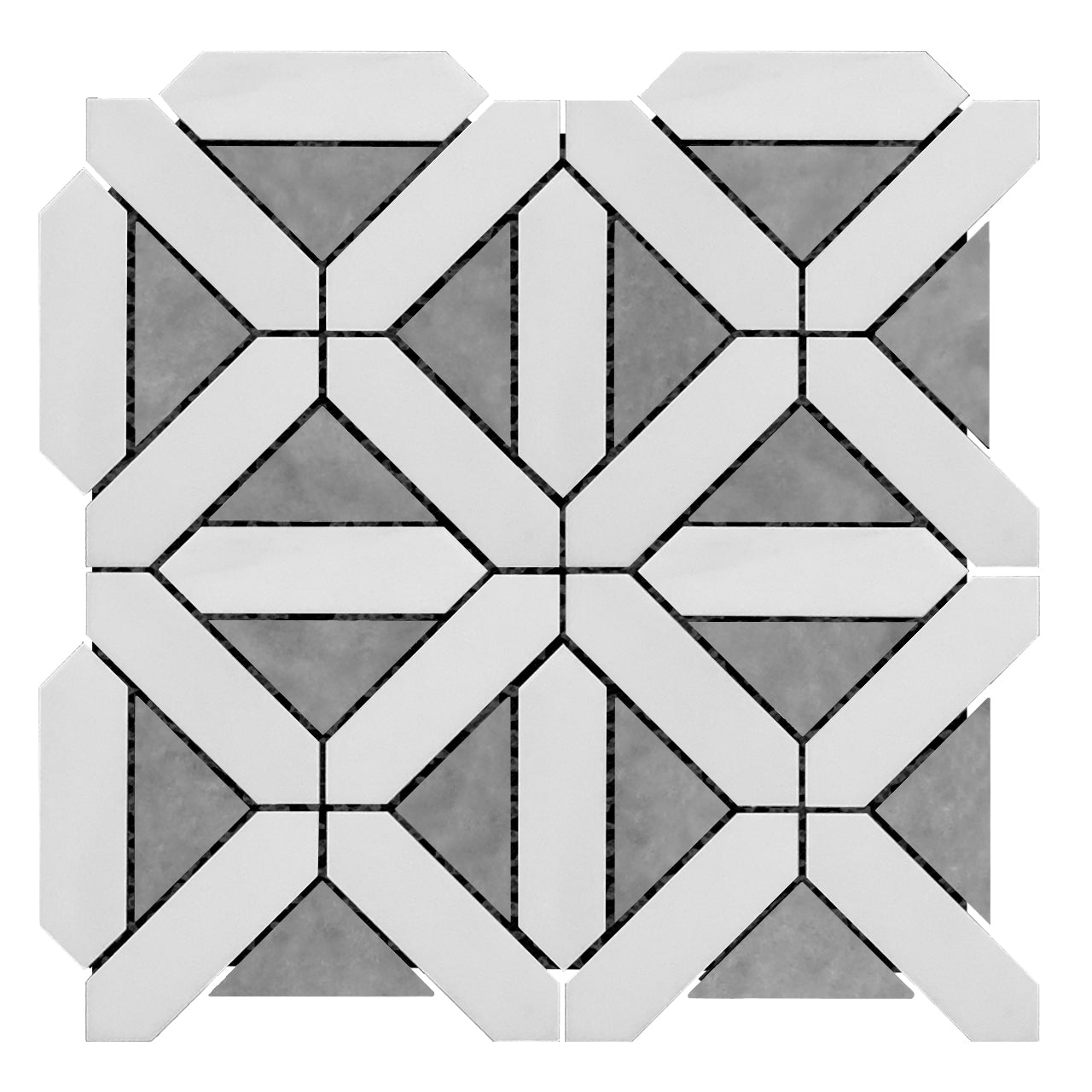 Bianco Dolomite Marble with Bardiglio Gray Triangles Geometrica Mosaic Tile Polished