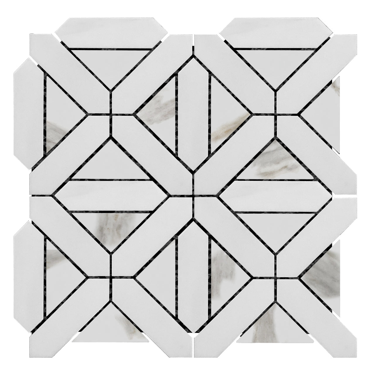 Bianco Dolomite Marble with Calacatta Gold Triangles Geometrica Mosaic Tile Honed