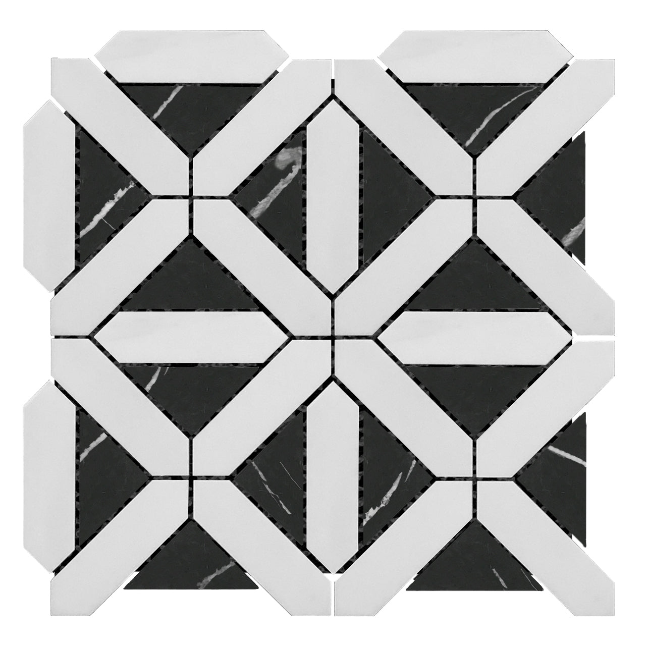 Bianco Dolomite Marble with Nero Marquina Black Triangles Geometrica Mosaic Tile Polished