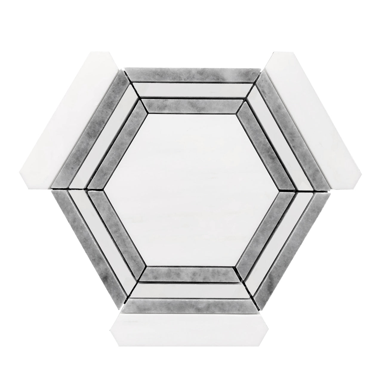 Bianco Dolomite Marble Georama Hexagon with Bardiglio Gray Strips Mosaic Tile Honed