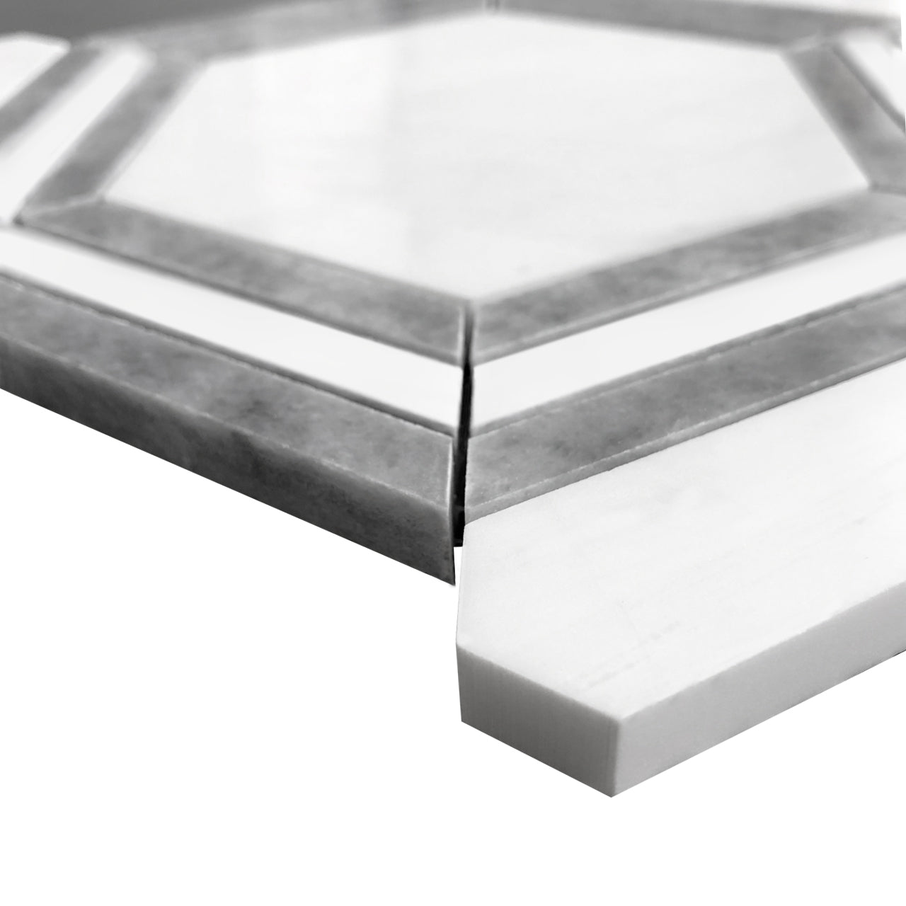 Bianco Dolomite Marble Georama Hexagon with Bardiglio Gray Strips Mosaic Tile Polished