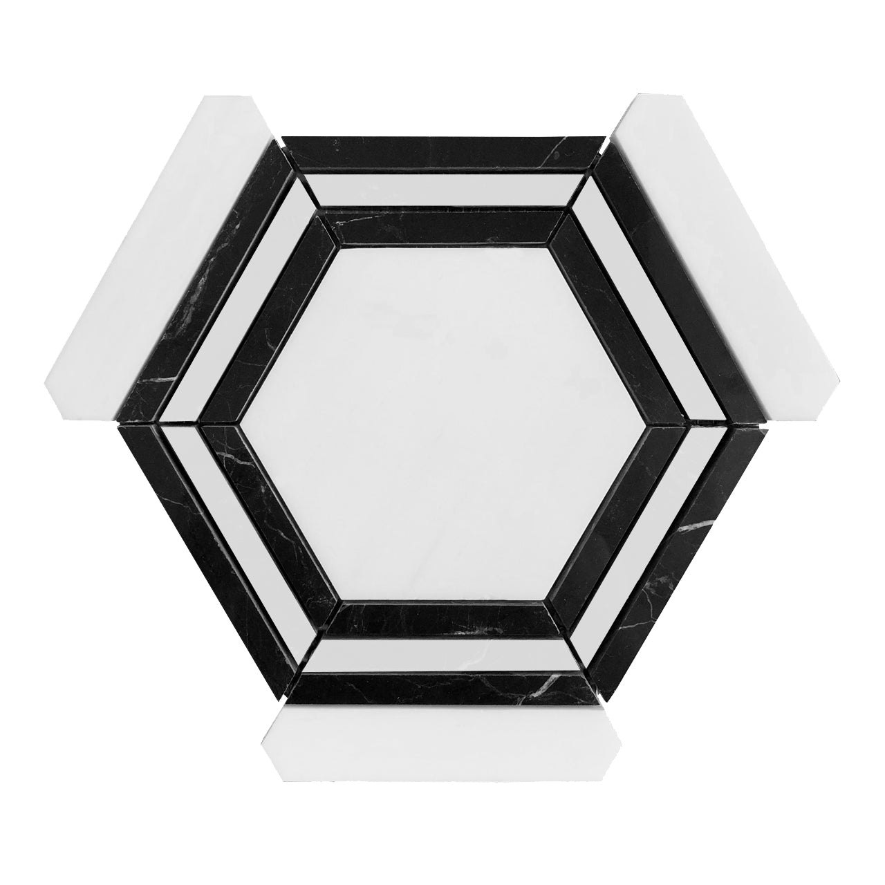 Bianco Dolomite Marble Georama Hexagon with Nero Marquina Black Strips Mosaic Tile Polished