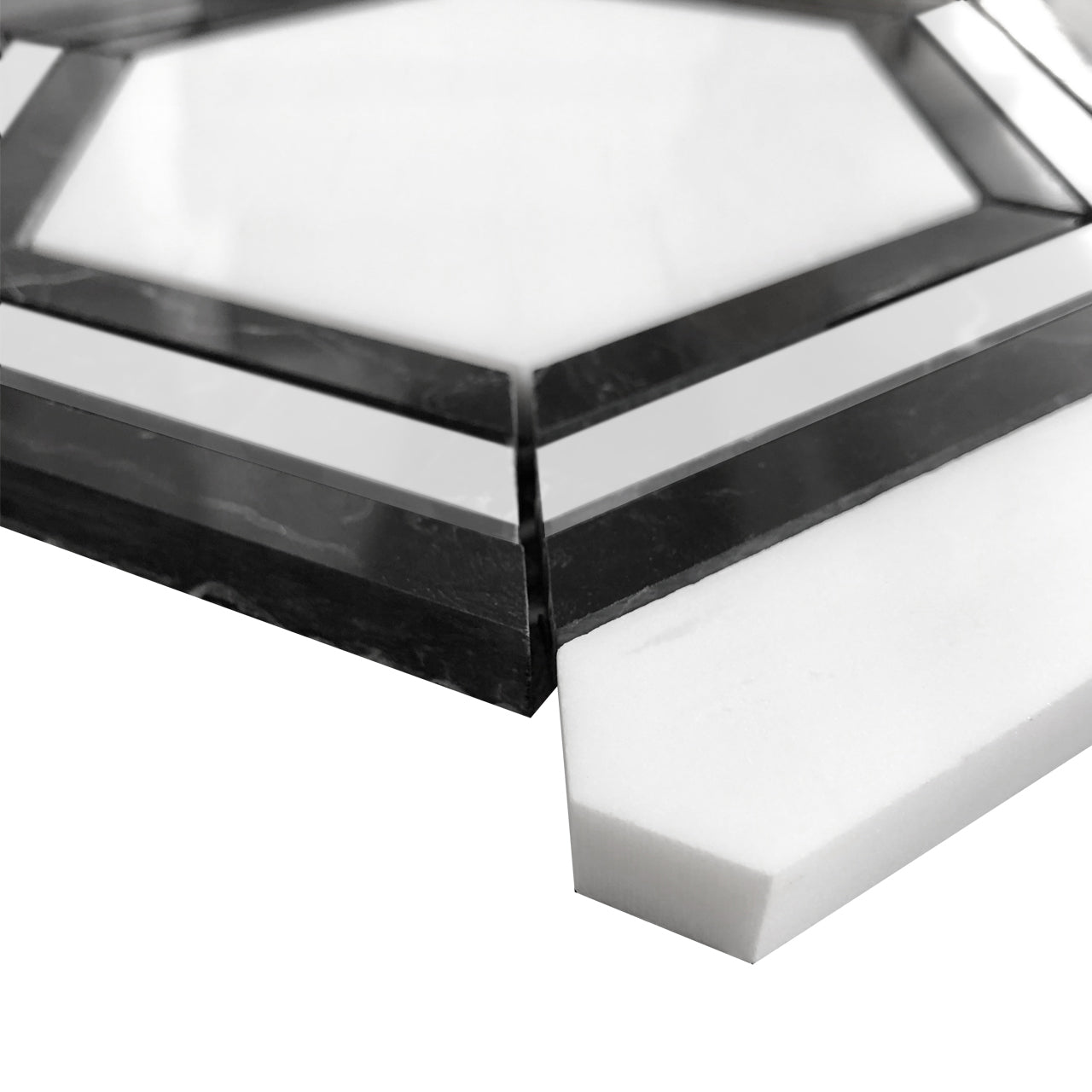 Bianco Dolomite Marble Georama Hexagon with Nero Marquina Black Strips Mosaic Tile Polished