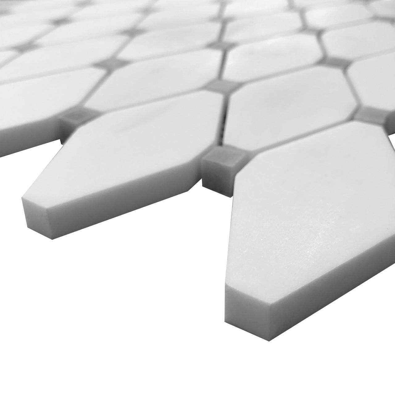 Bianco Dolomite Marble Long Octagon Rhomboid with Bardiglio Dots Mosaic Tile Polished