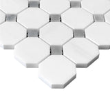 Bianco Dolomite Marble Octagon with Bardiglio Dots Mosaic Tile Honed