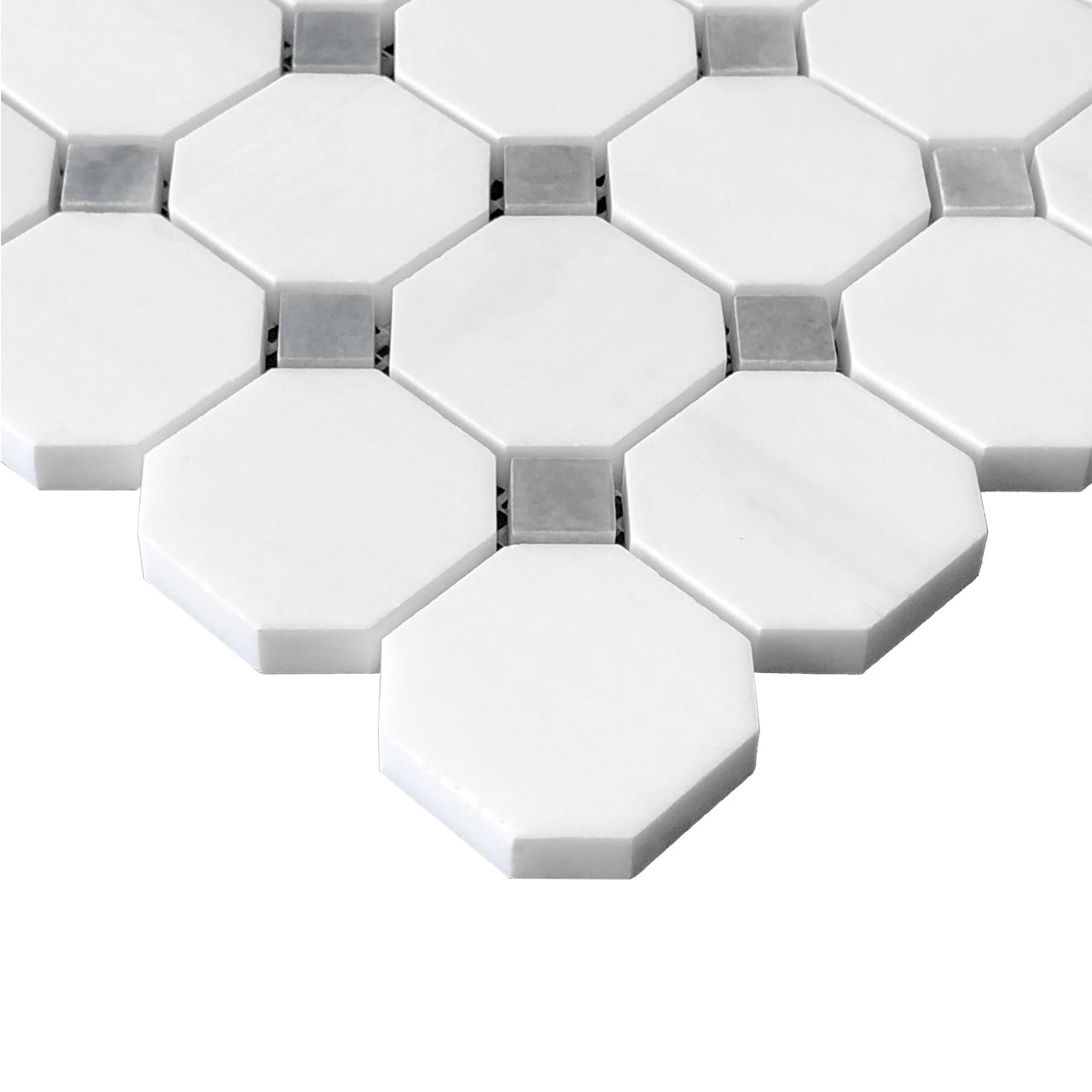 Bianco Dolomite Marble Octagon with Bardiglio Dots Mosaic Tile Honed