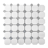 Bianco Dolomite Marble Octagon with Bardiglio Dots Mosaic Tile Polished