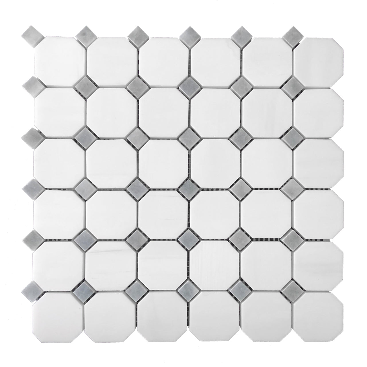 Bianco Dolomite Marble Octagon with Bardiglio Dots Mosaic Tile Polished