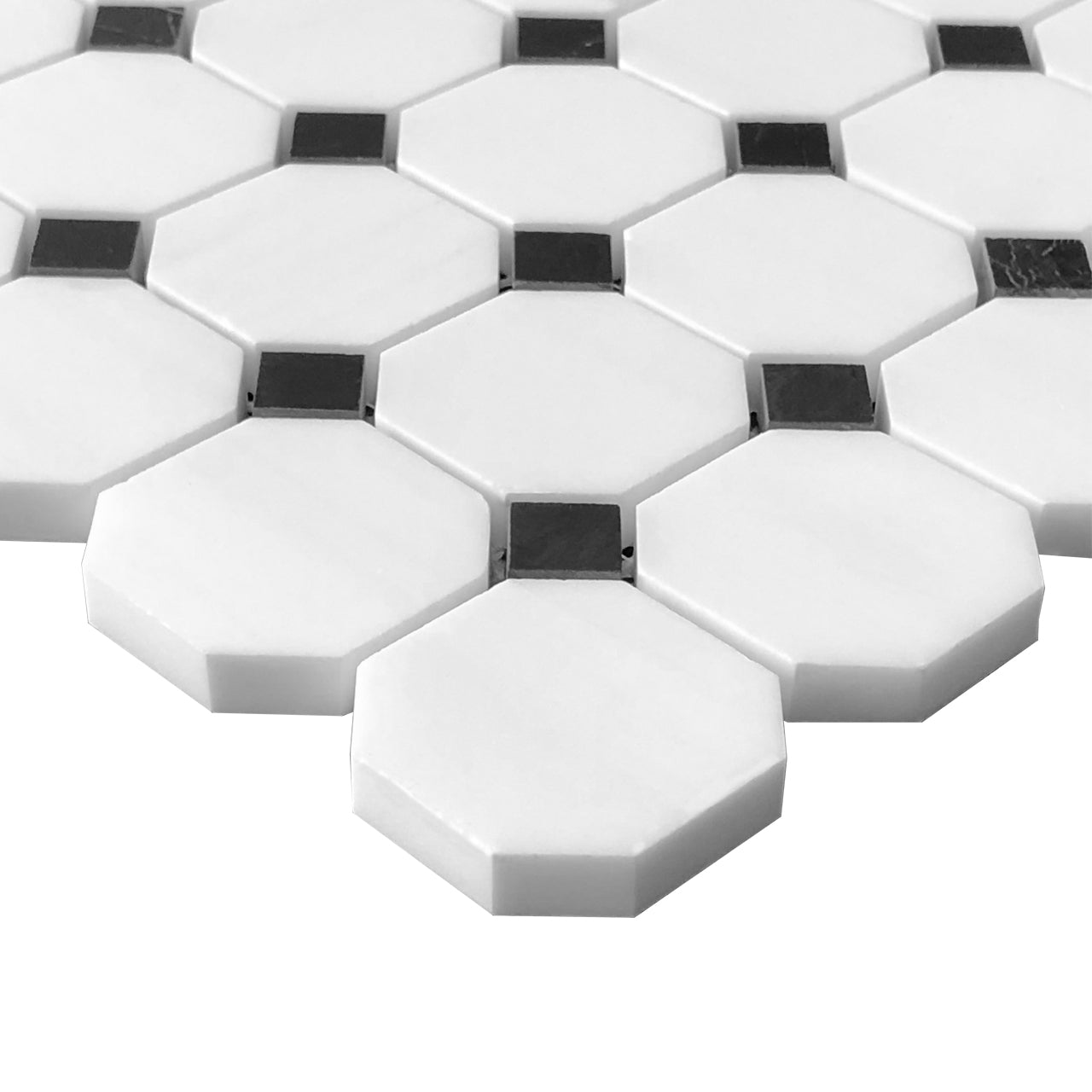 Bianco Dolomite Marble Octagon with Black Dots Mosaic Tile Honed
