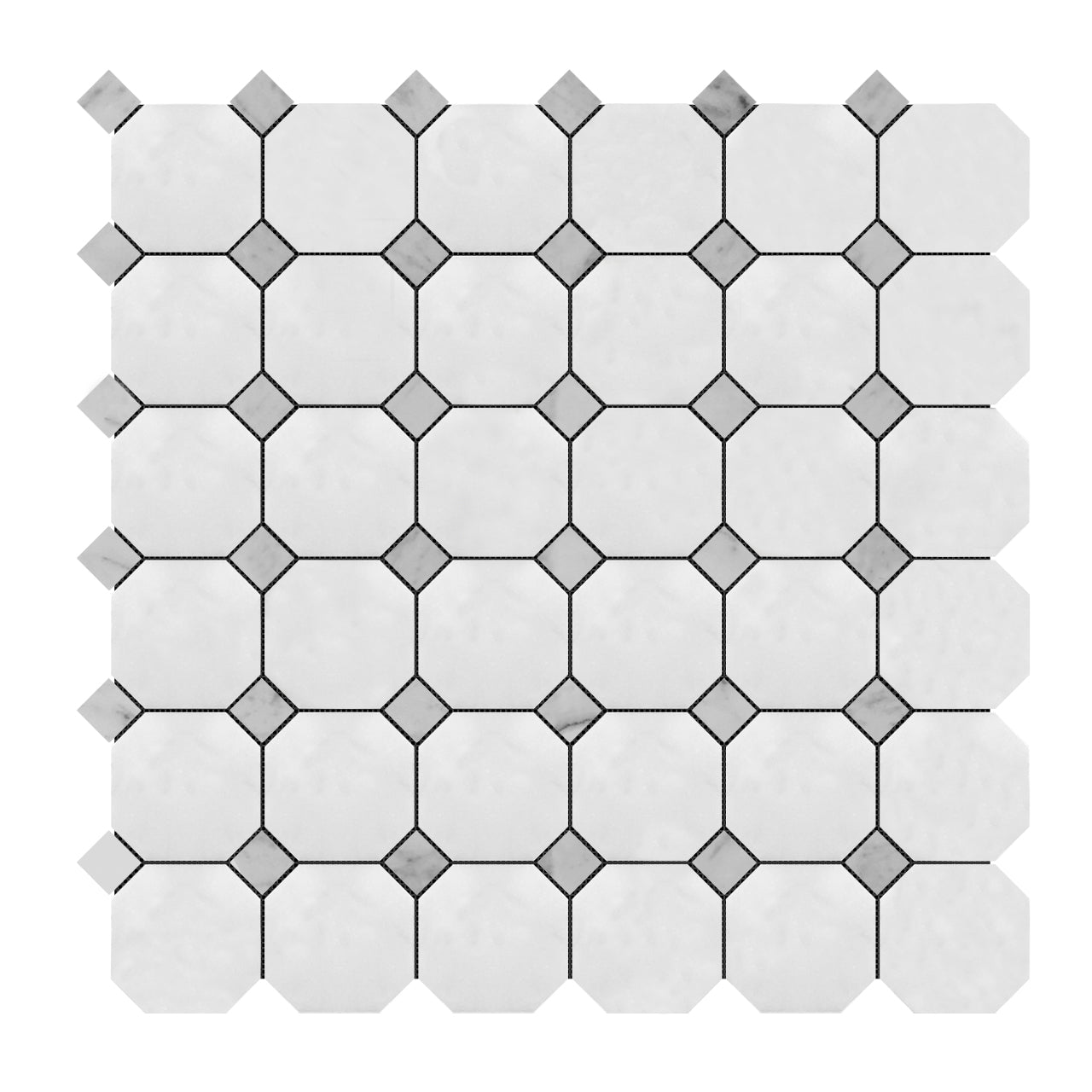 Bianco Dolomite Marble Octagon with Carrara Dots Mosaic Tile Honed