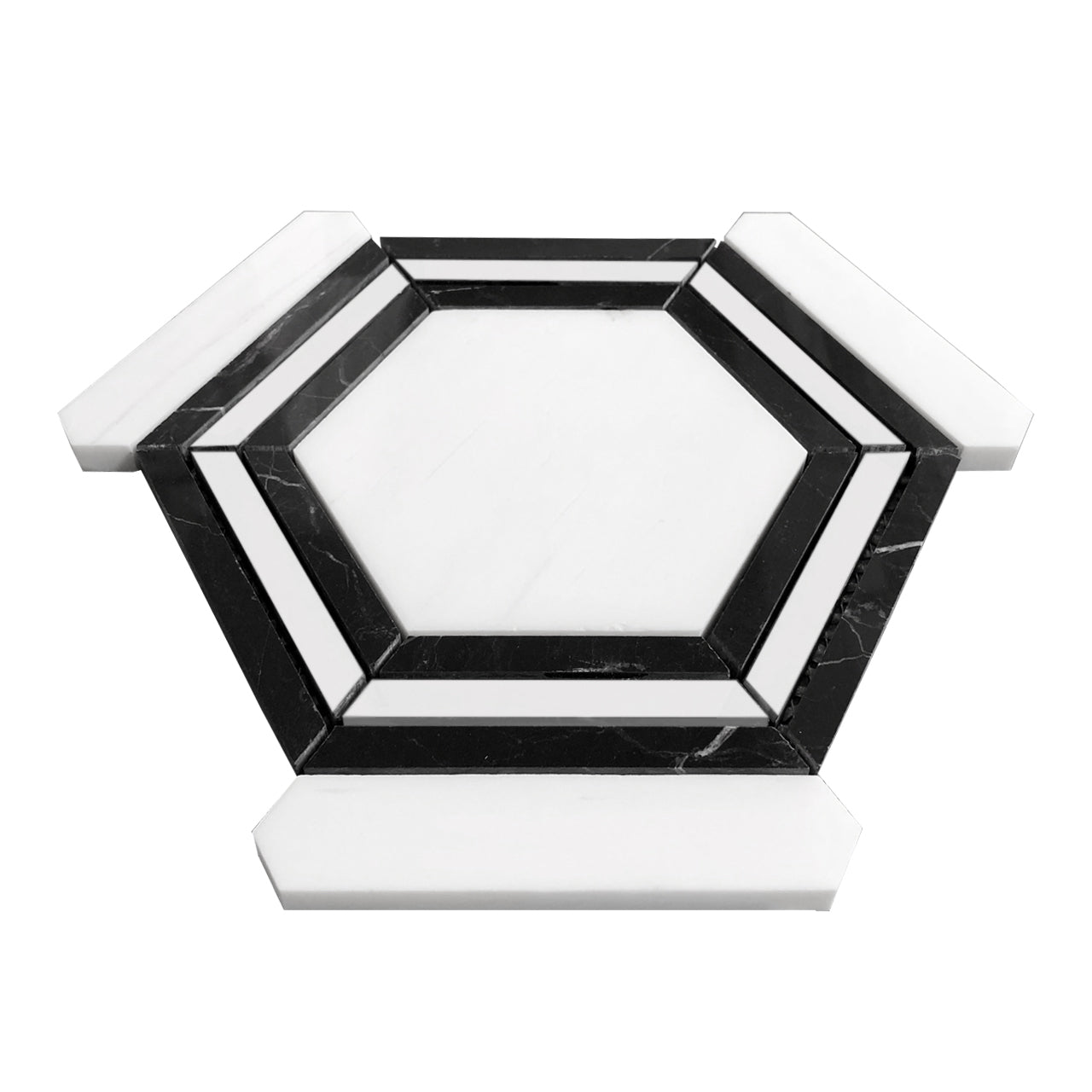 Bianco Dolomite Marble Georama Hexagon with Nero Marquina Black Strips Mosaic Tile Honed